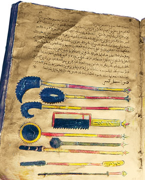 Illustrations of surgical instruments from a 13th-century Arabic copy of al-Zahrawi's On Surgery.