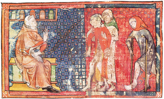 In a 14th-century French version of al-Zahrawi's Arrangement of Medical Knowledge, a sick man and a crippled man are presented to a doctor. Al-Zahrawi's compendium was used in Europe till the late 16th century.