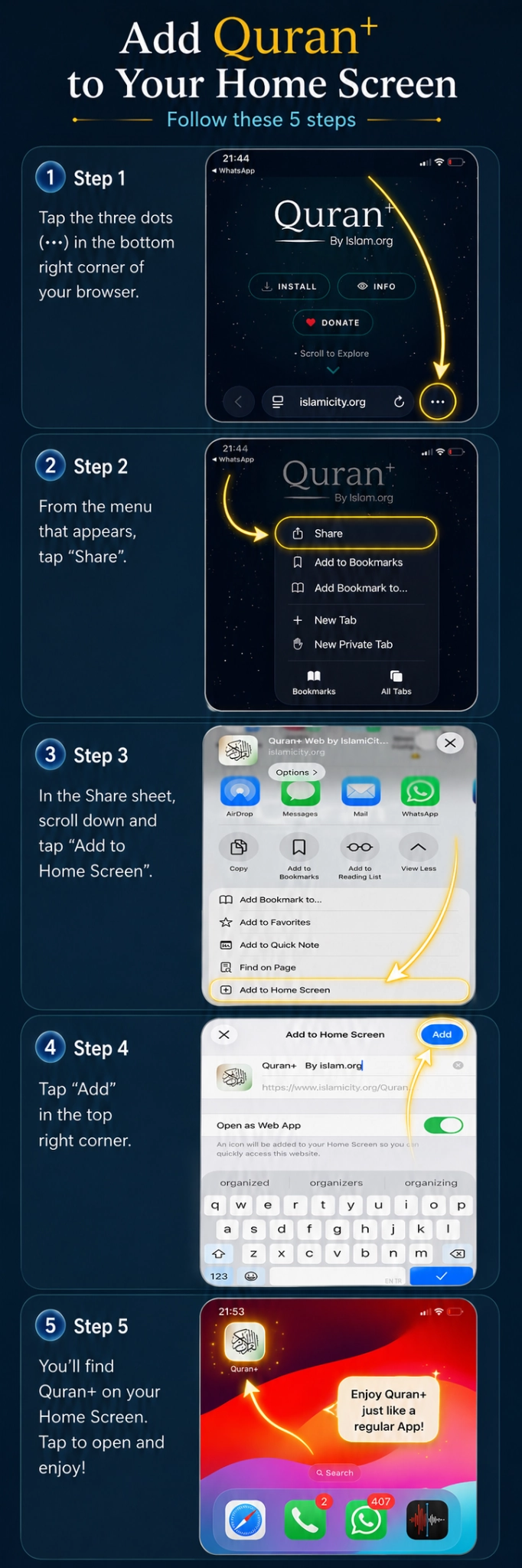 Five illustrated steps for adding Quran+ to the iPhone Home Screen