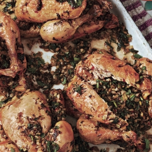 Chicken stuffed with herb- infused freekeh