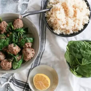 MIDDLE EASTERN SPINACH WITH MEATBALLS, LEMON + RICE (Rezz & Sabanekh)